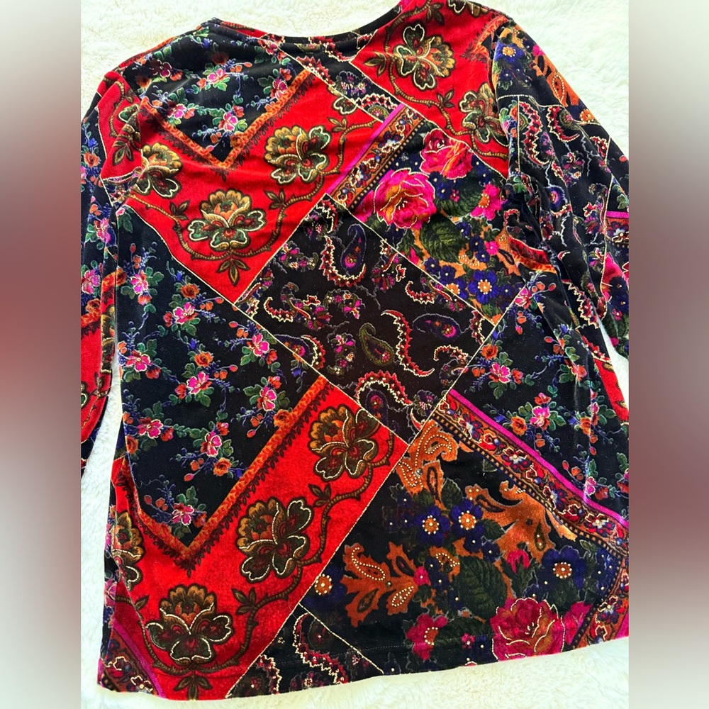 💫Stunning Vintage 90s Y2K Vivid Velvet Floral Paisley Patchwork Long Sleeve Top - Picture 10 of 15